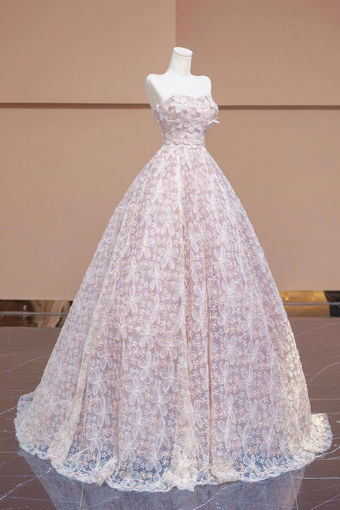 A-Line Tulle Flowers Long Formal Dress, Beautiful Strapless Evening Party Dress