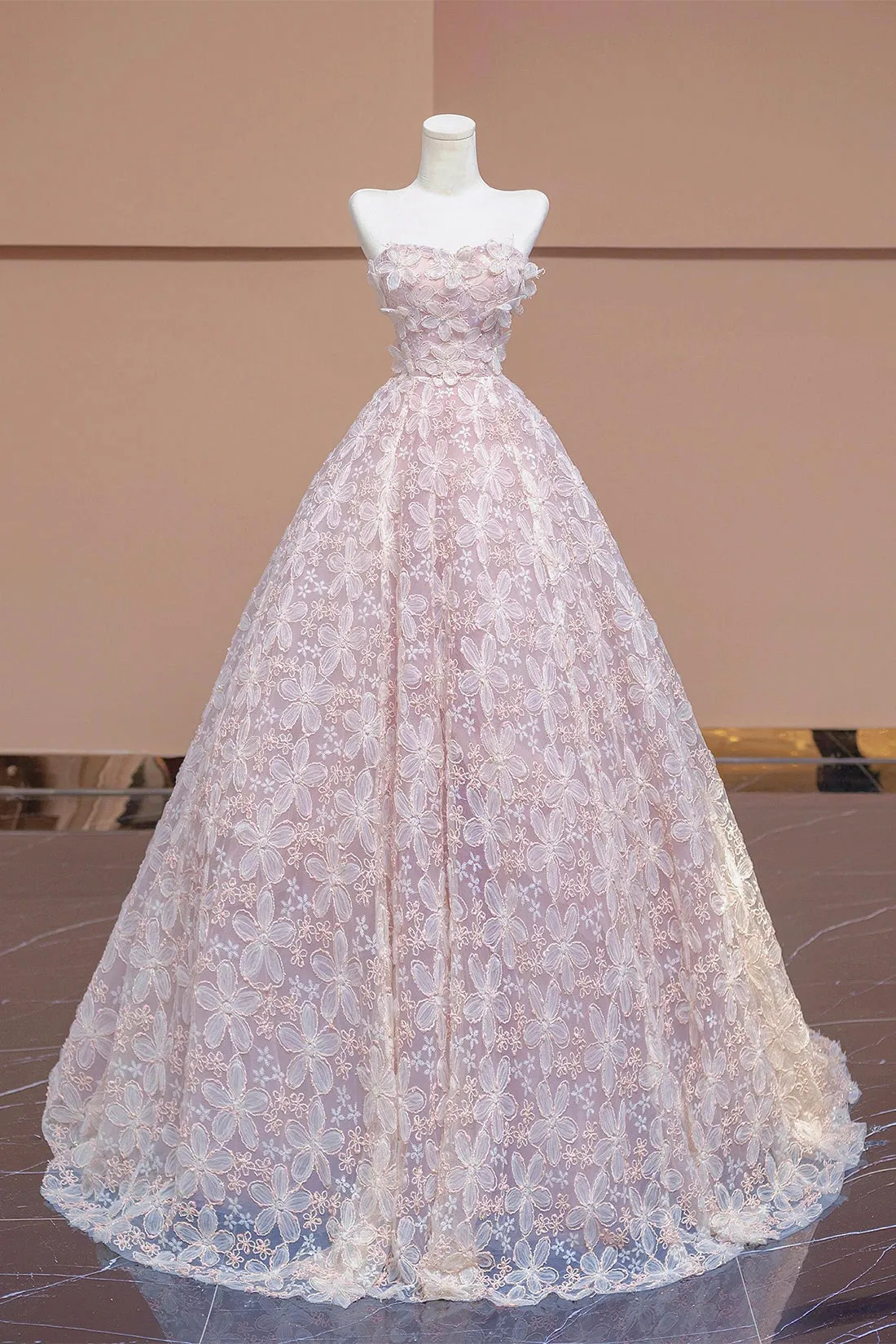 A-Line Tulle Flowers Long Formal Dress, Beautiful Strapless Evening Party Dress