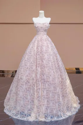 A-Line Tulle Flowers Long Formal Dress, Beautiful Strapless Evening Party Dress
