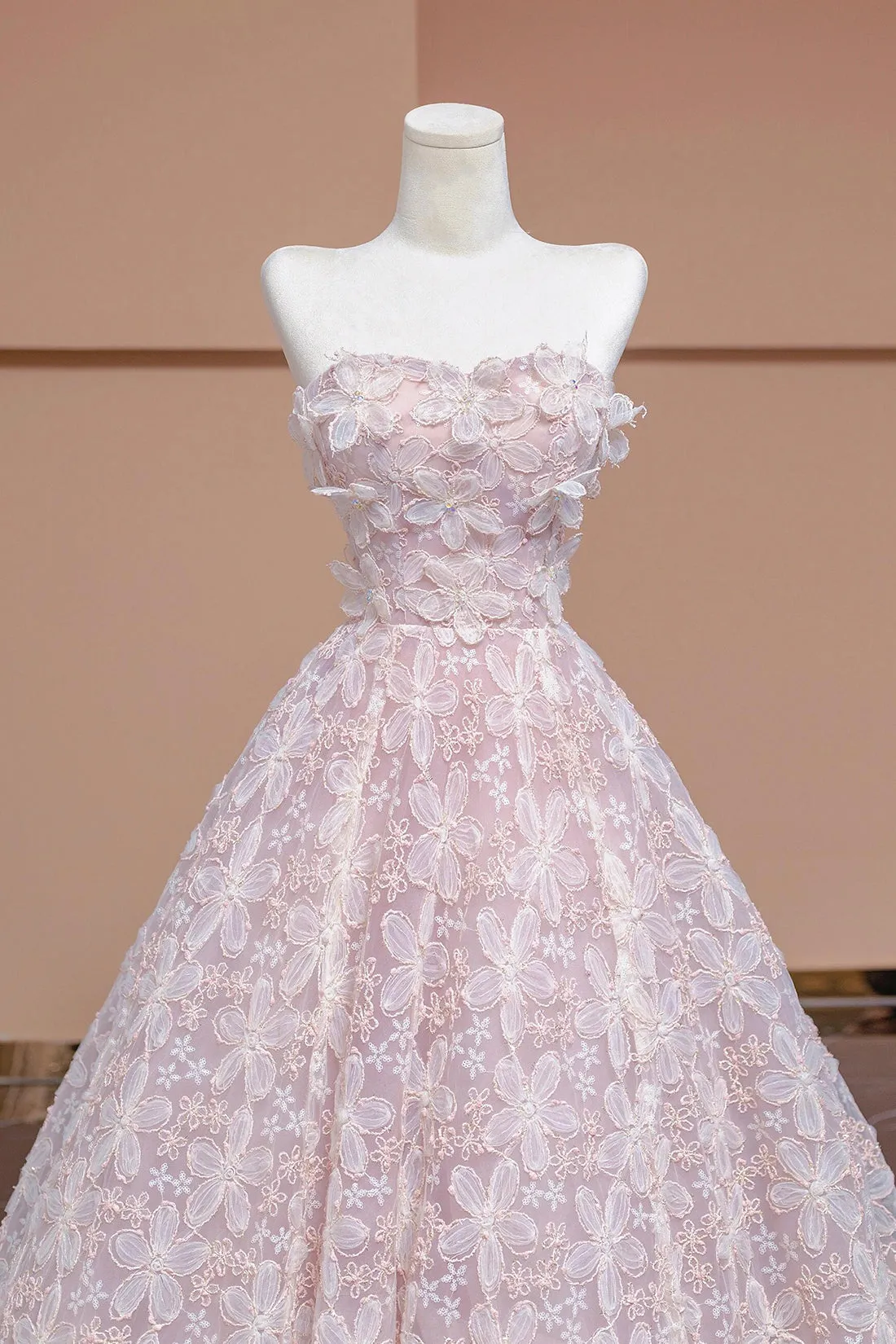 A-Line Tulle Flowers Long Formal Dress, Beautiful Strapless Evening Party Dress