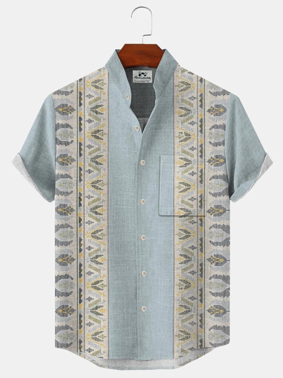 Alohadaddy Geometric Retro Ethnic Pattern Button Pocket Casual Short Sleeve Shirt