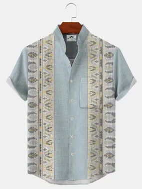 Alohadaddy Geometric Retro Ethnic Pattern Button Pocket Casual Short Sleeve Shirt