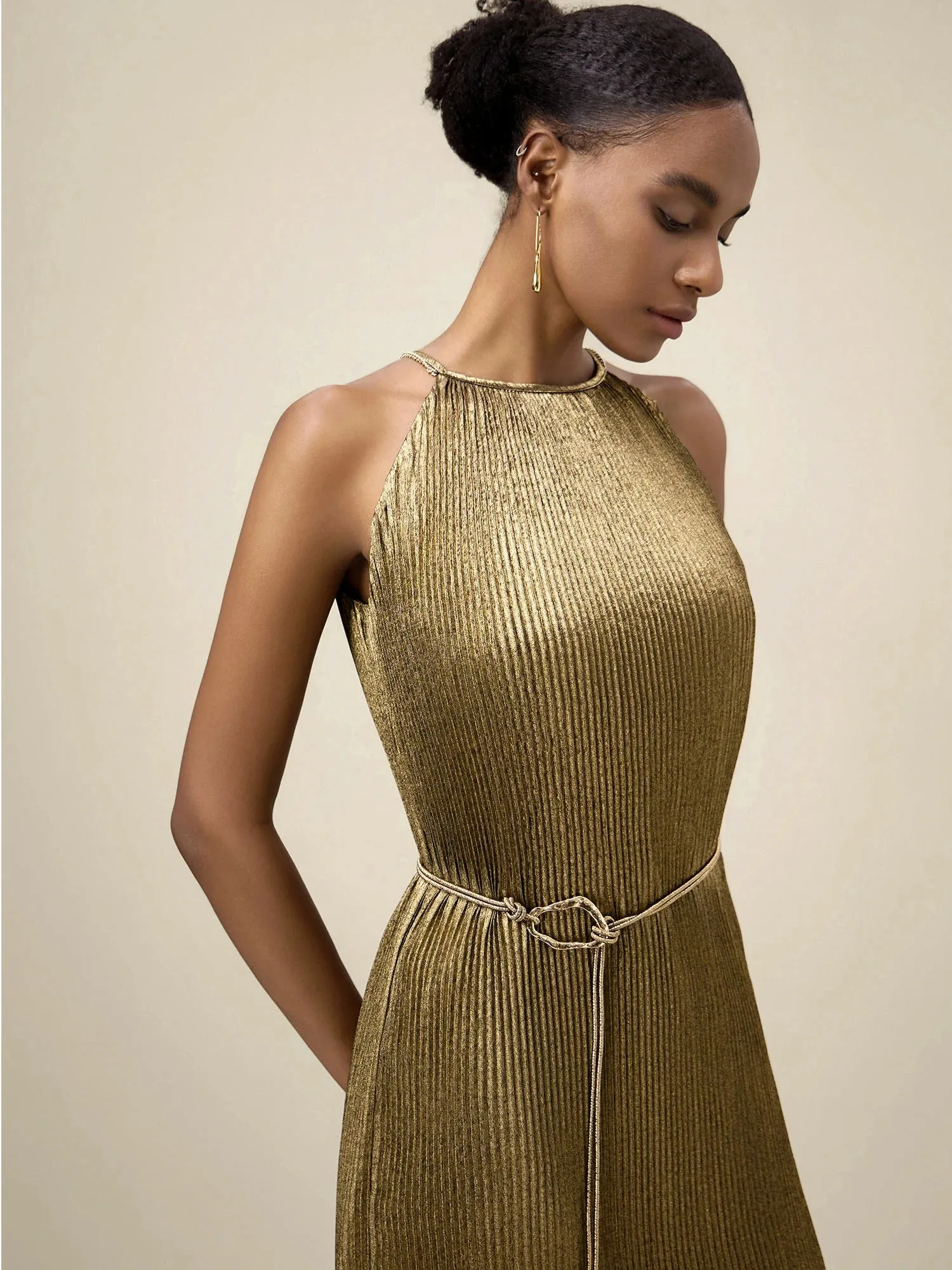 Amoretu Satin Pleated Slip Dress