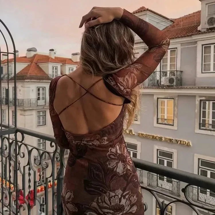 Anais Vintage Flower Printed Mesh Bodycon Dress