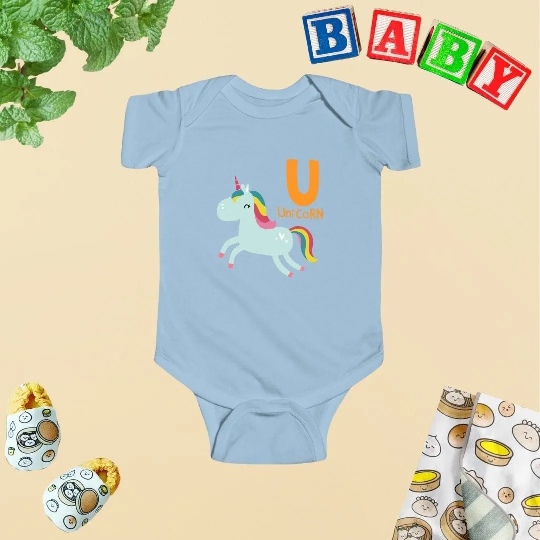 Animal Alphabet - U for Unicorn Baby Bodysuit - Unisex Graphic Bodysuit for Babies