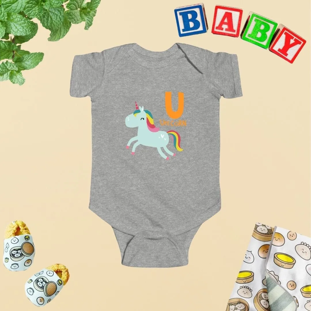 Animal Alphabet - U for Unicorn Baby Bodysuit - Unisex Graphic Bodysuit for Babies