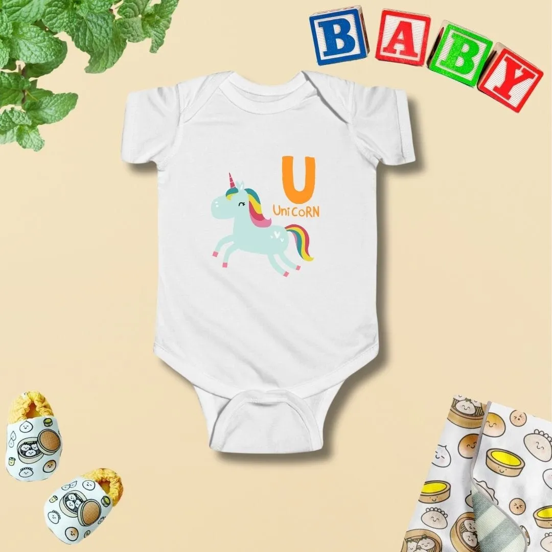 Animal Alphabet - U for Unicorn Baby Bodysuit - Unisex Graphic Bodysuit for Babies