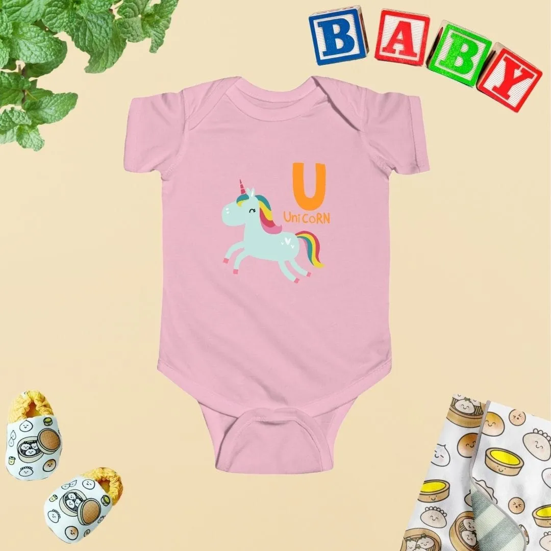 Animal Alphabet - U for Unicorn Baby Bodysuit - Unisex Graphic Bodysuit for Babies