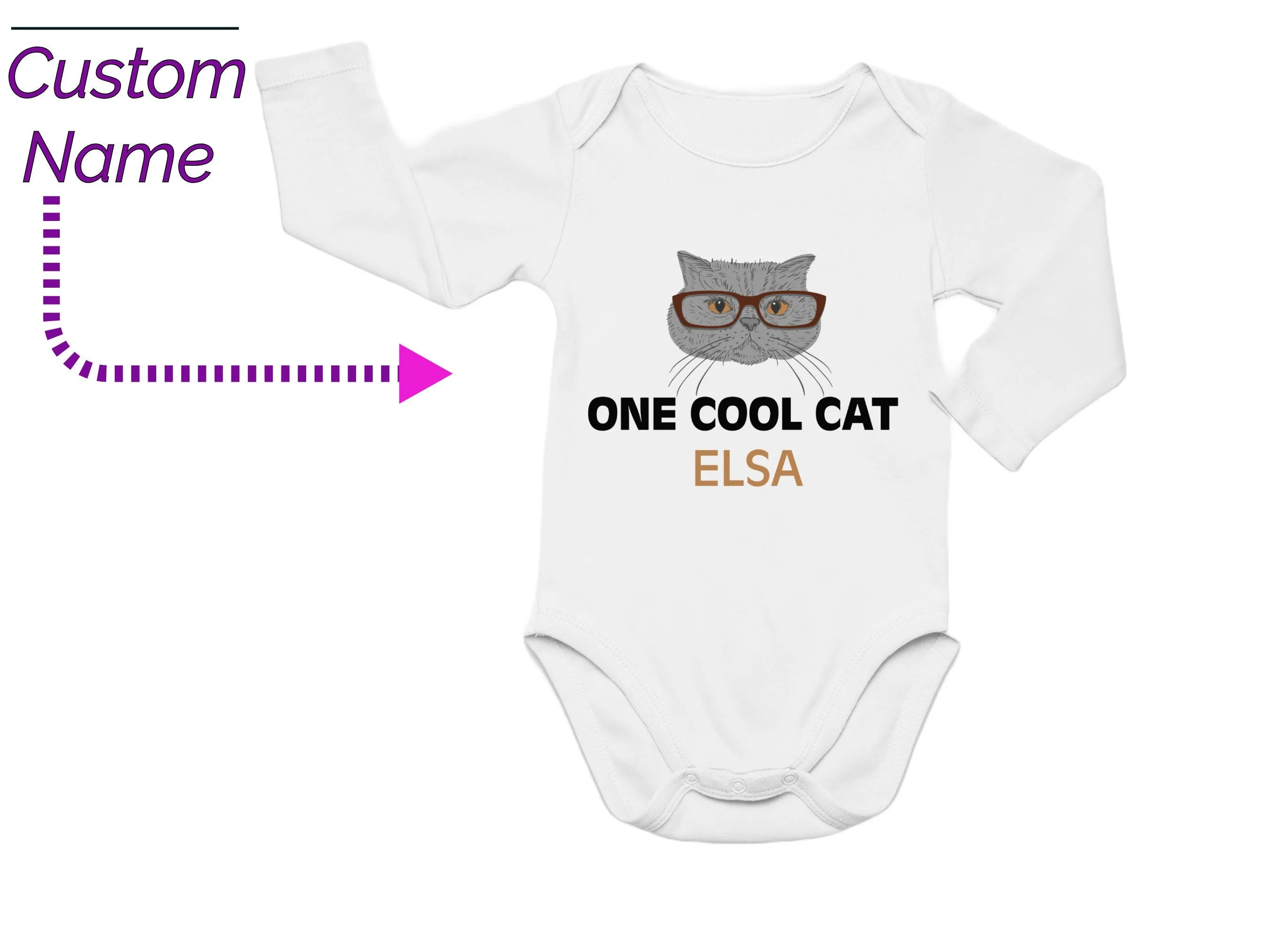 Baby Girls Personalized Name Long Sleeve One Cool Cat Design