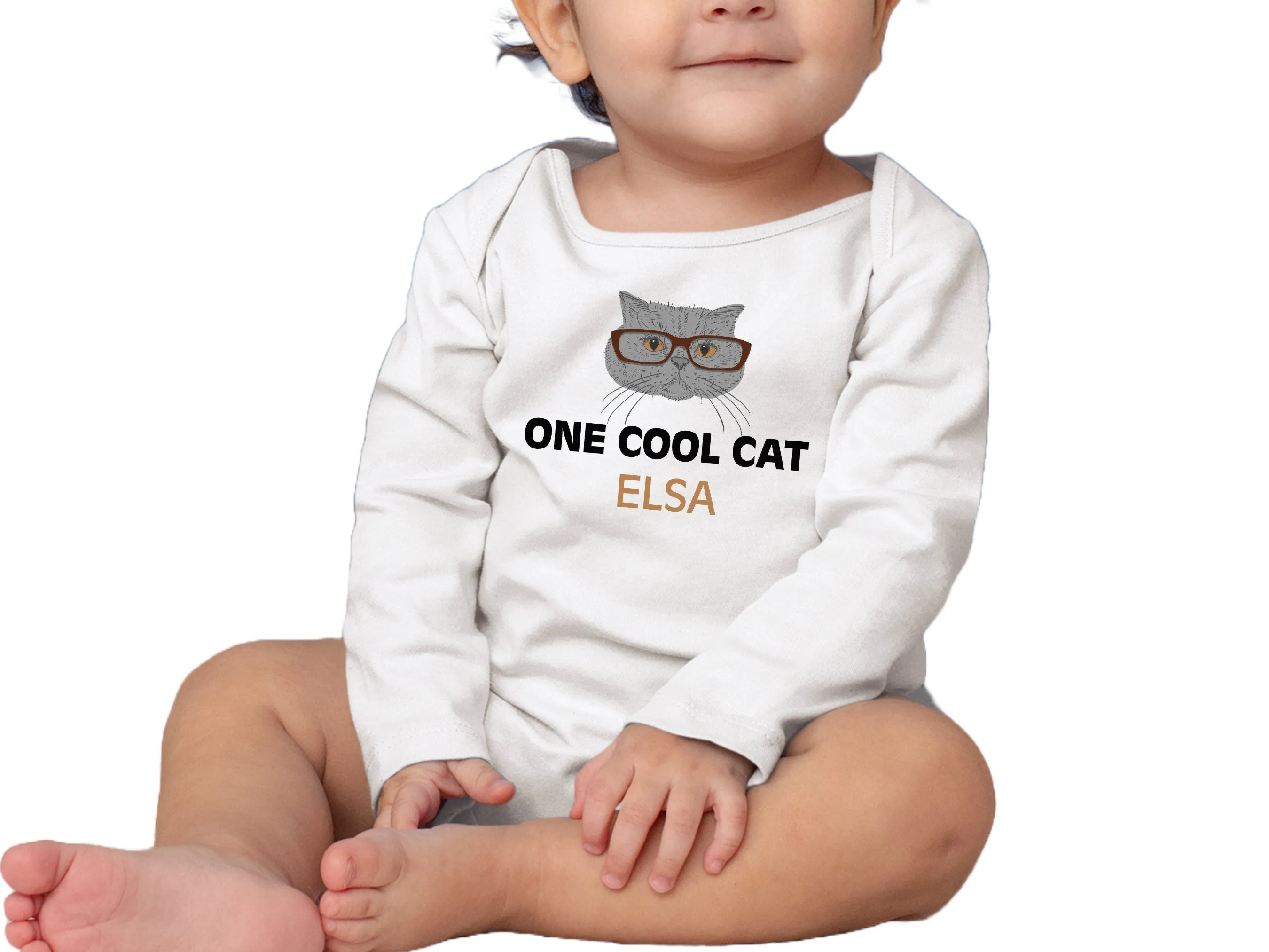 Baby Girls Personalized Name Long Sleeve One Cool Cat Design