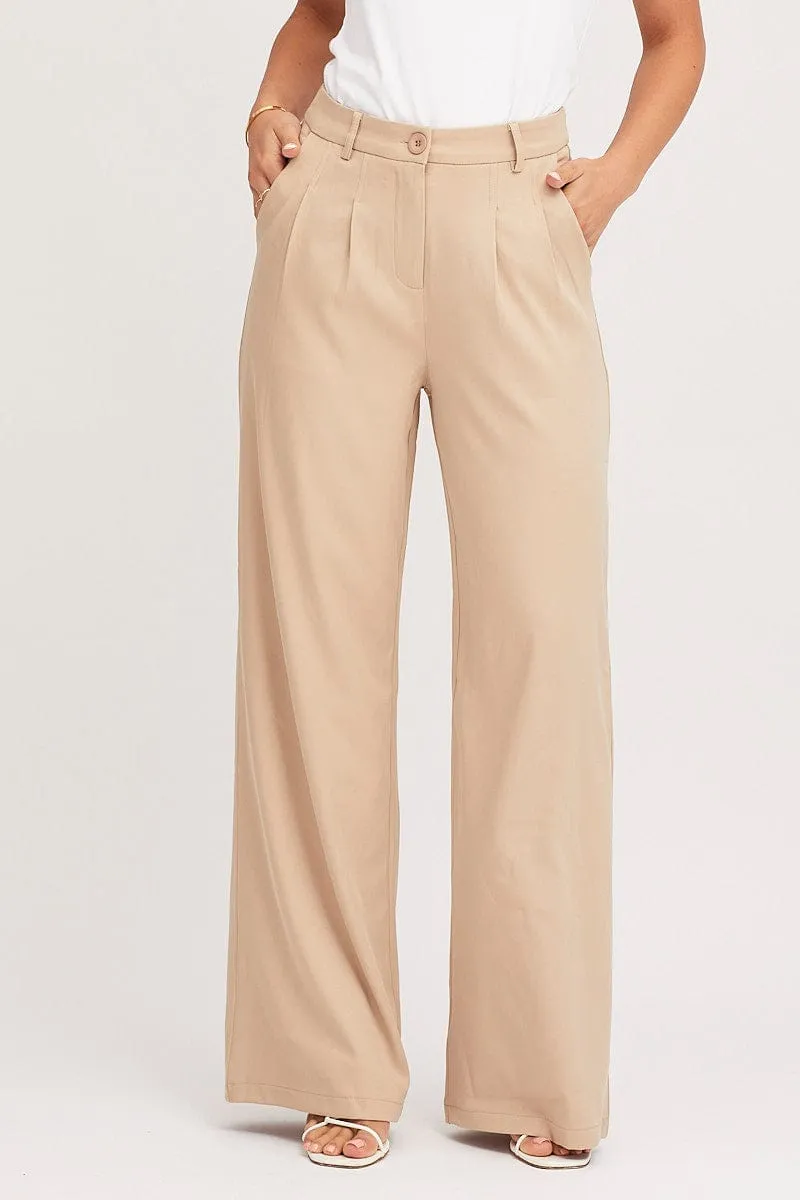 Beige Pants Pleats Detail Wide Leg