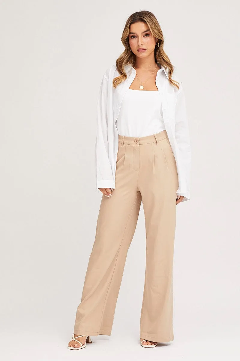 Beige Pants Pleats Detail Wide Leg