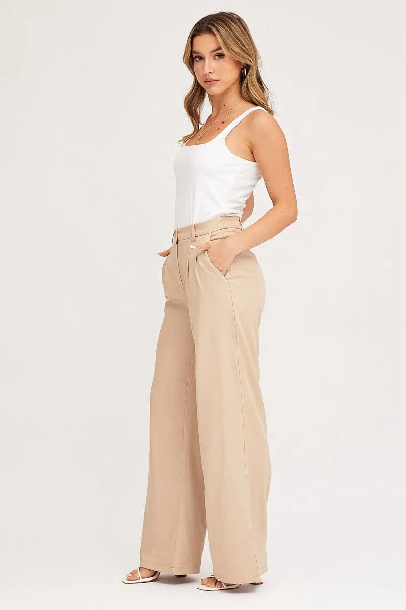 Beige Pants Pleats Detail Wide Leg