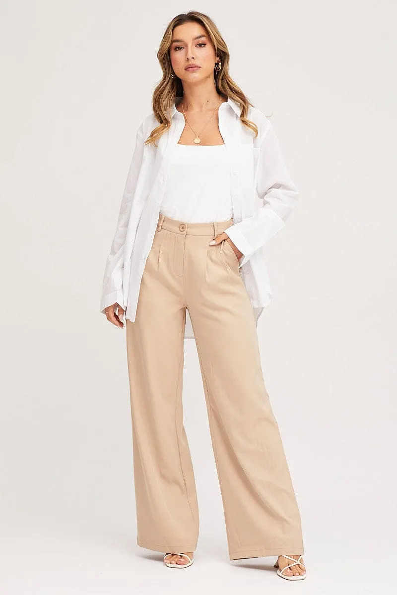 Beige Pants Pleats Detail Wide Leg