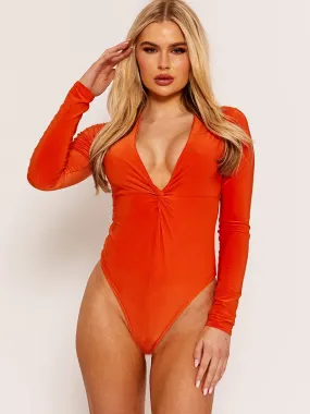 Bella Twist Front Slinky Bodysuit In Orange