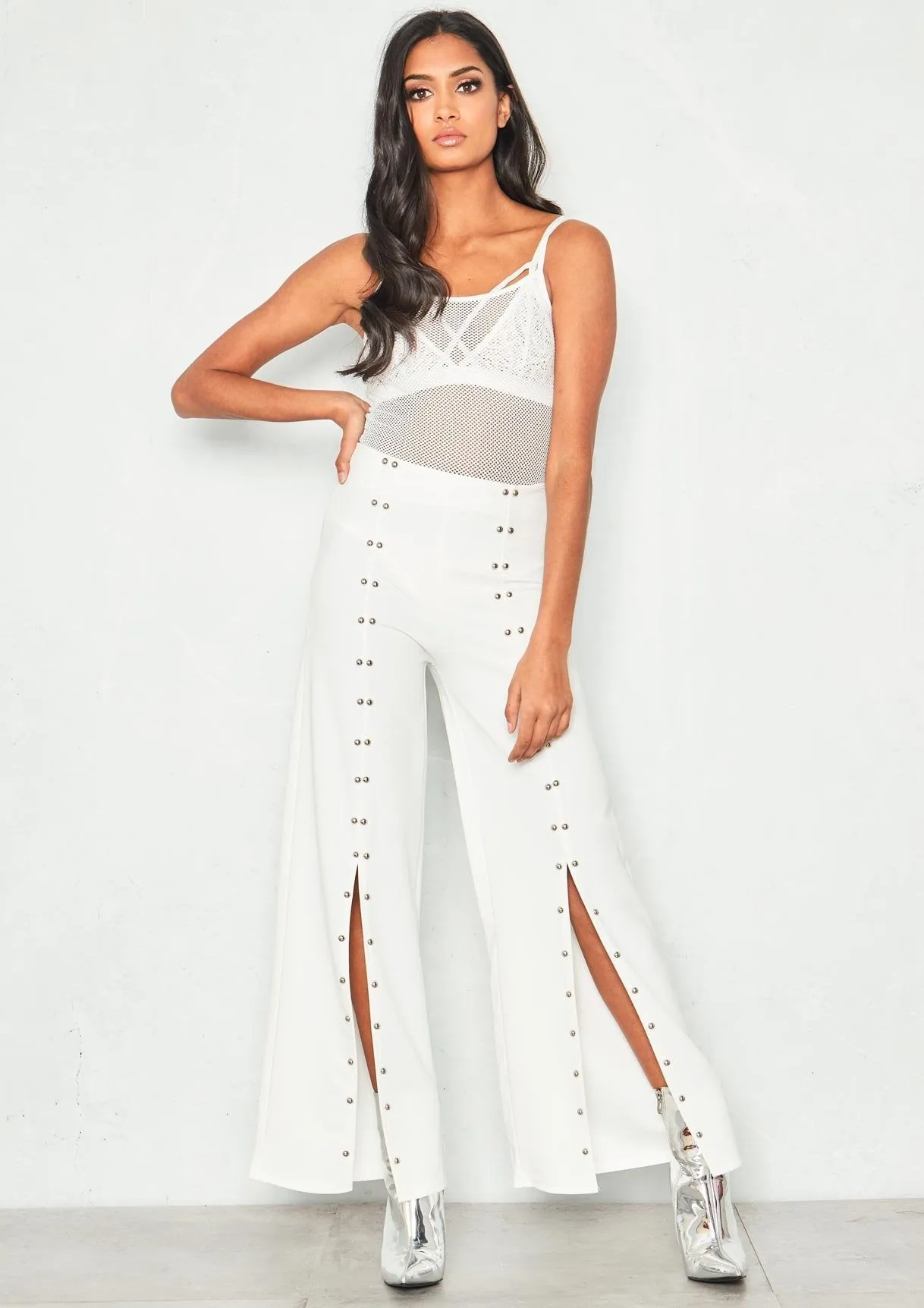 Beth White Fishnet Mesh Spaghetti Strap Bodysuit