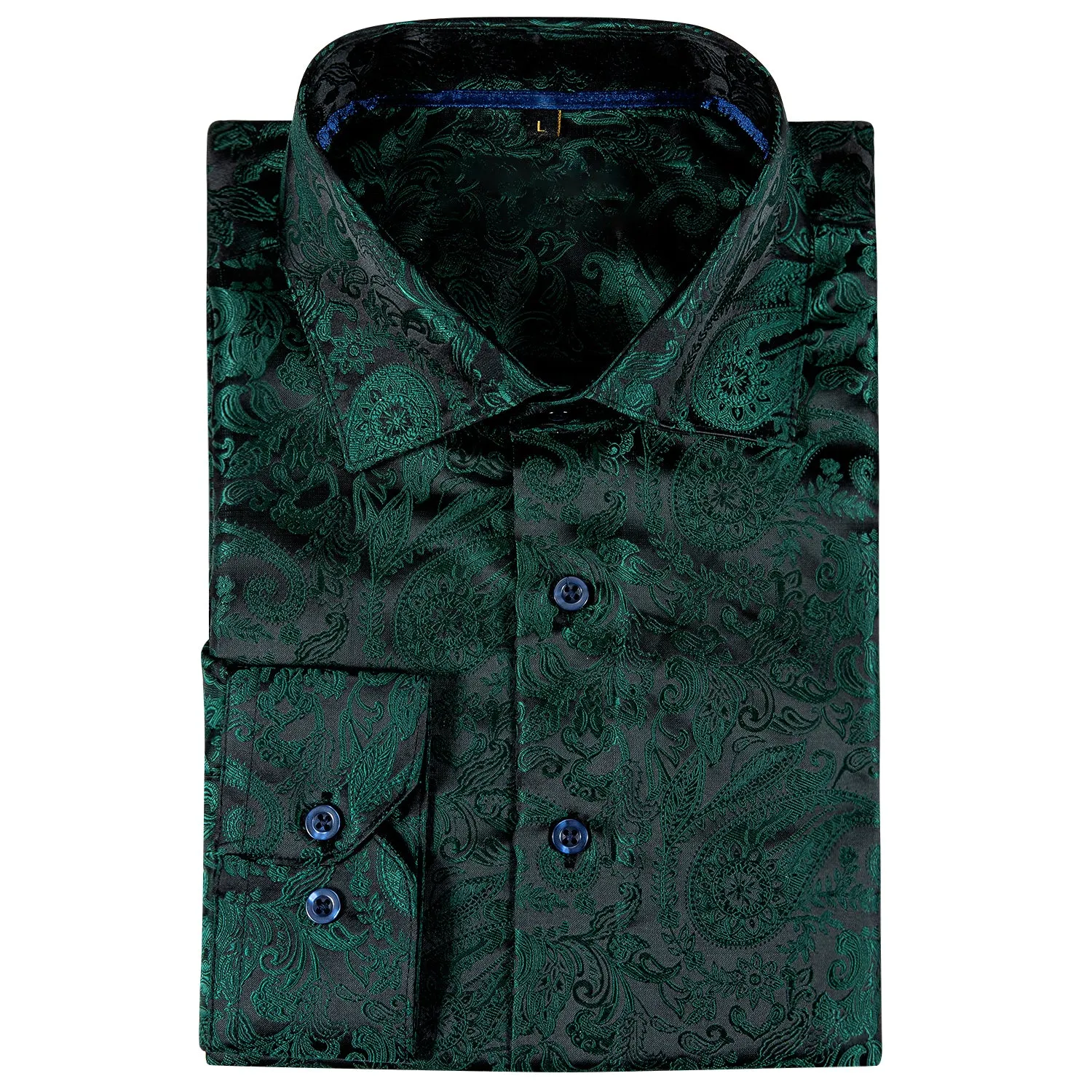 Black Green Paisley Style Silk Men's Long Sleeve Shirt