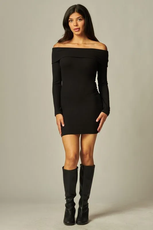 Black Soft Ribbed Knit Off Shoulder Dress