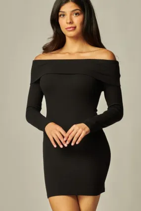 Black Soft Ribbed Knit Off Shoulder Dress