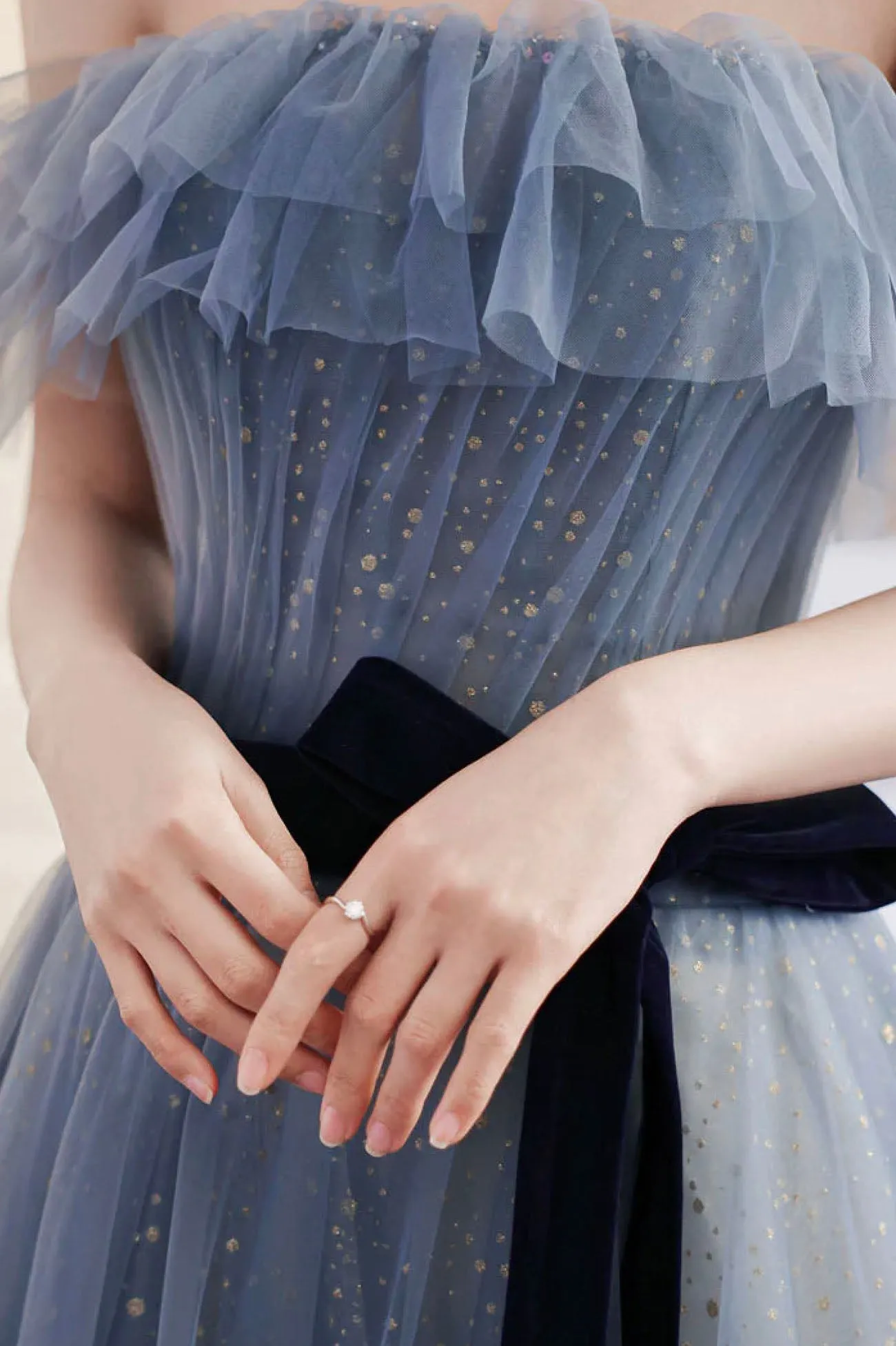 Blue Tulle Off Shoulder Long Formal Dress with Bow, A-Line Evening Gown