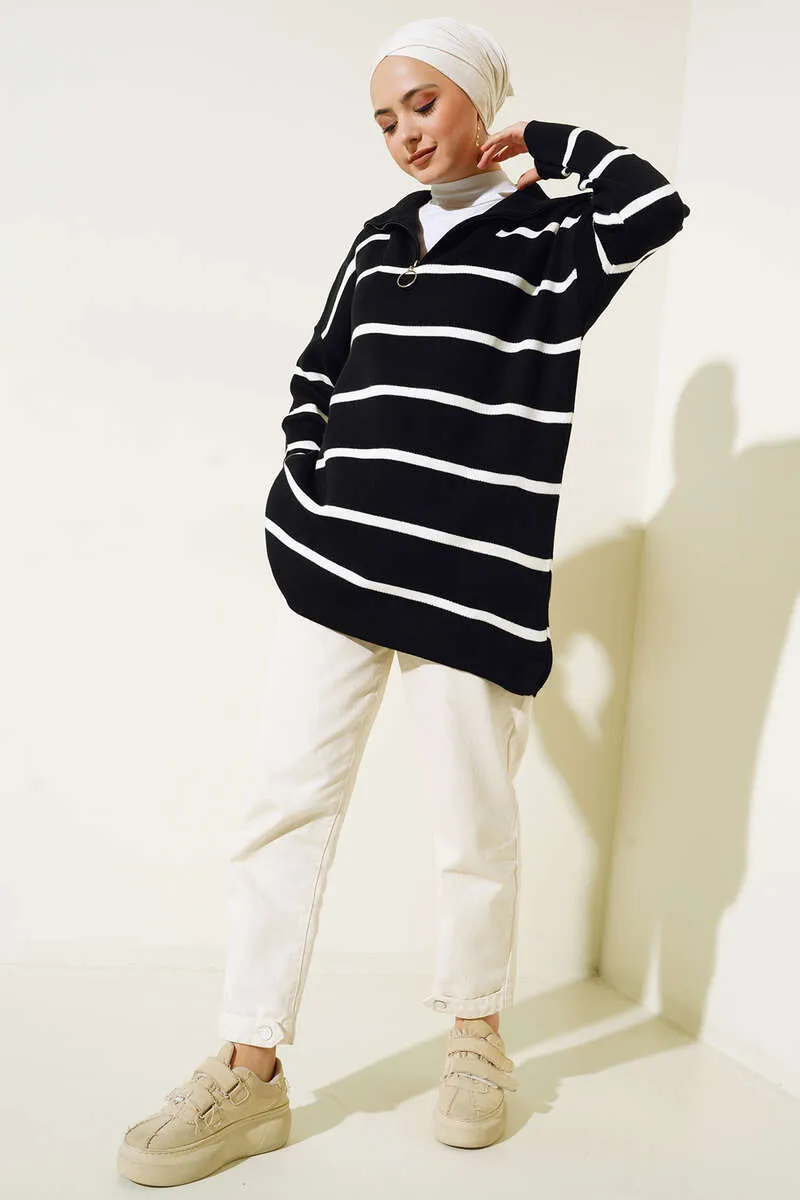 BNG Women Neck Zippered Striped Knit Tunic Black - Clermont