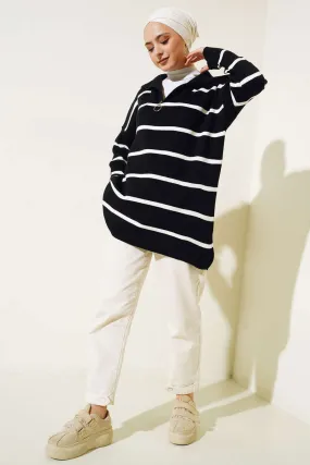 BNG Women Neck Zippered Striped Knit Tunic Black - Clermont
