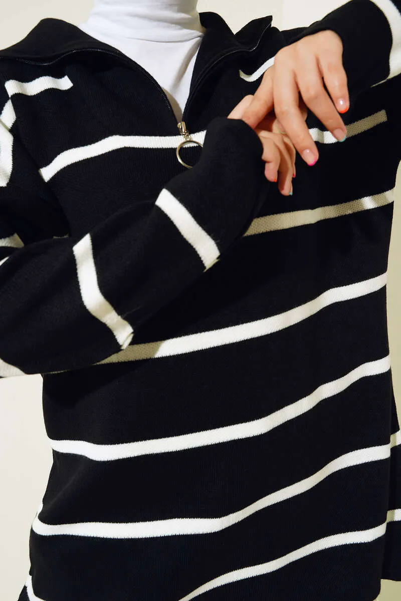 BNG Women Neck Zippered Striped Knit Tunic Black - Clermont