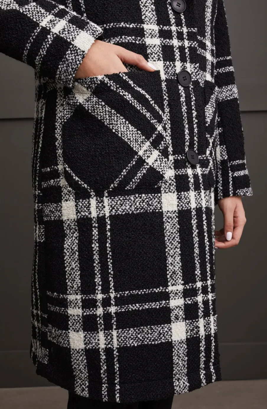 Boucle Button Front Plaid Coat