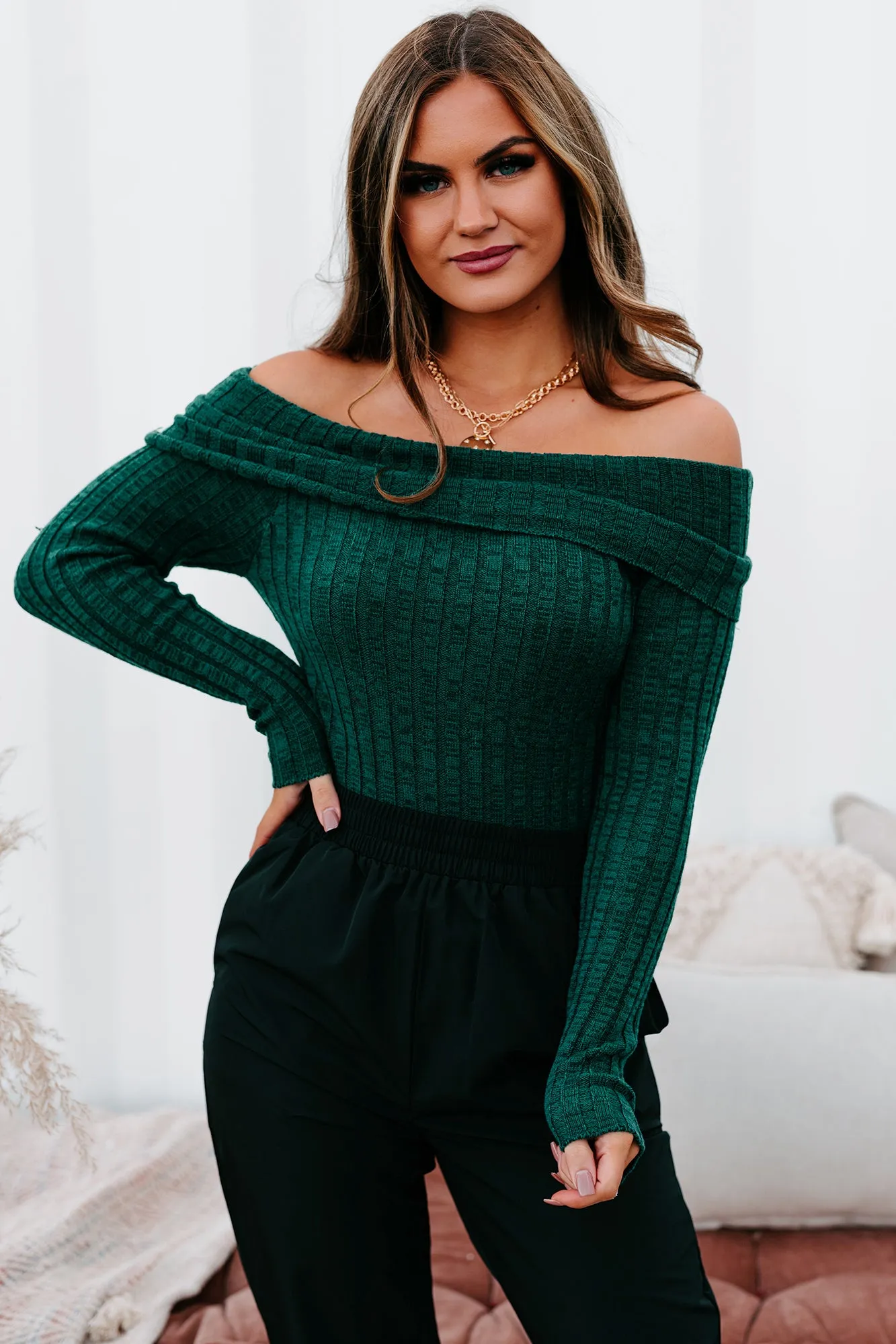 Careless Dreaming Off The Shoulder Sweater Knit Bodysuit (Hunter Green)