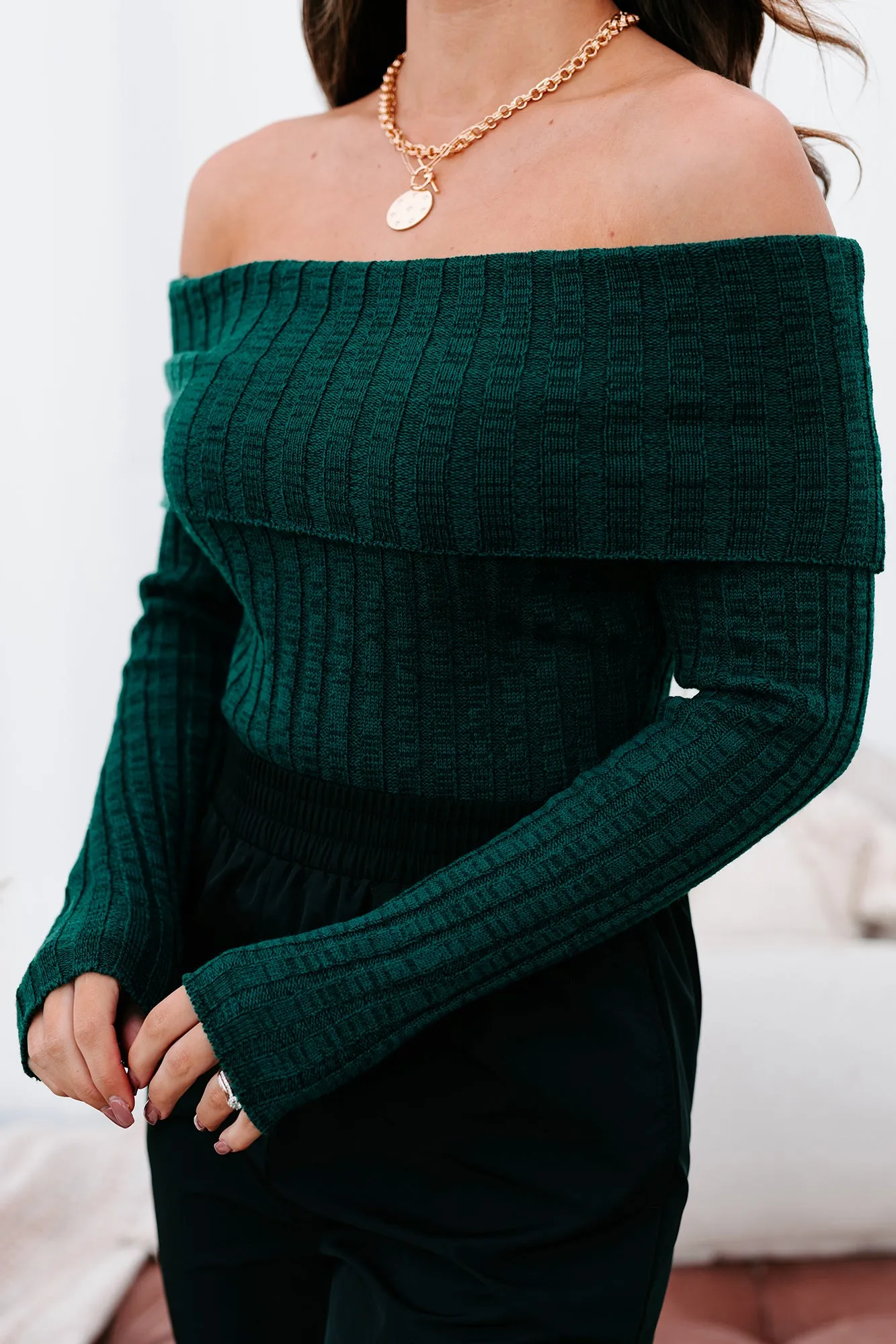 Careless Dreaming Off The Shoulder Sweater Knit Bodysuit (Hunter Green)