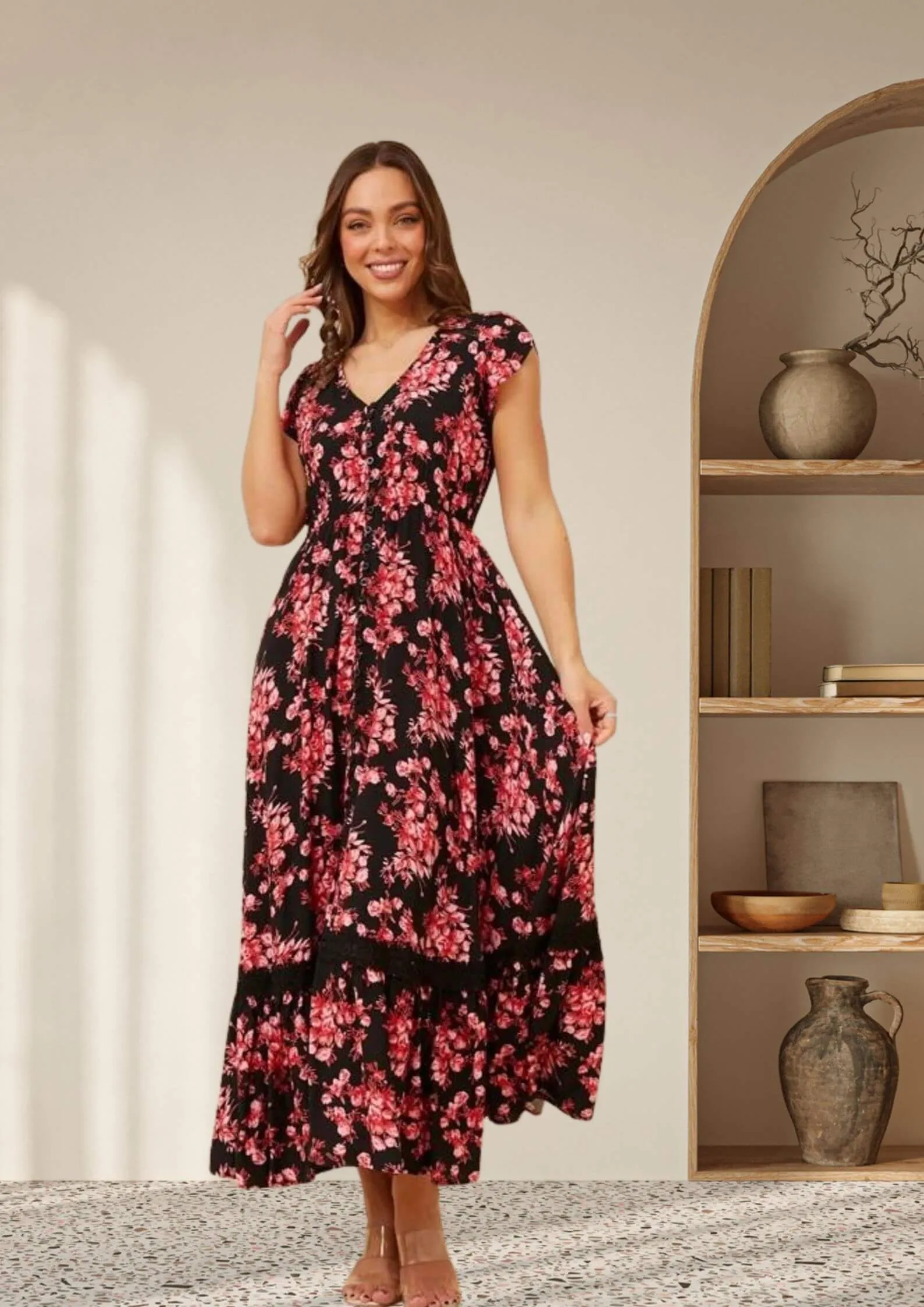 Carrie Short Sleeve Boho Maxi Dress in Black and Fuchsia