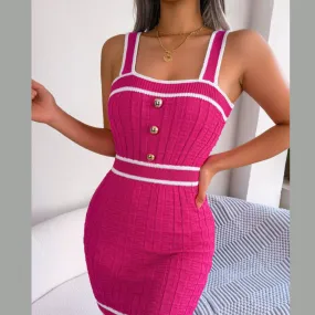 Contrast Trim Decorative Button Sleeveless Knit Dress