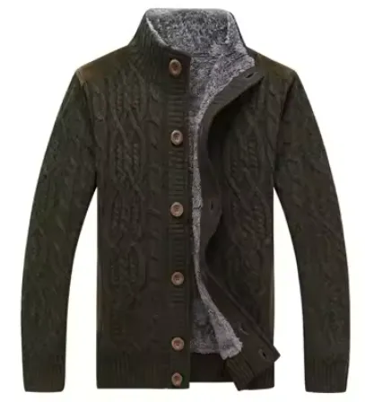 Cozy Men's Knitted Cardigan with Fleece Lining and Button Closure