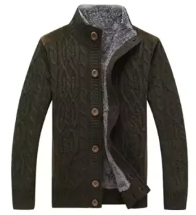 Cozy Men's Knitted Cardigan with Fleece Lining and Button Closure