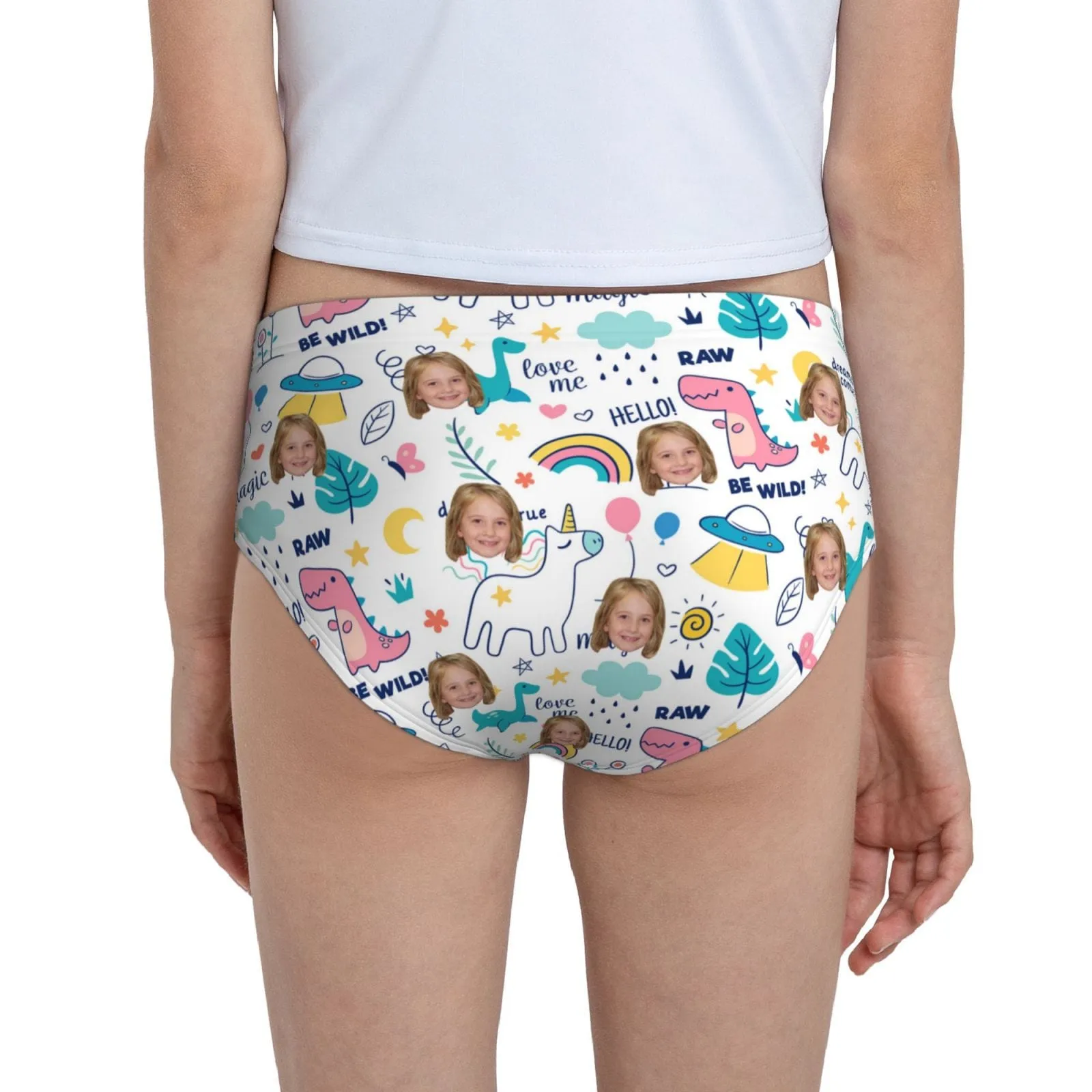 Custom Face Rainbow Dinosaur Girl's Underwear Cotton Brief Panties