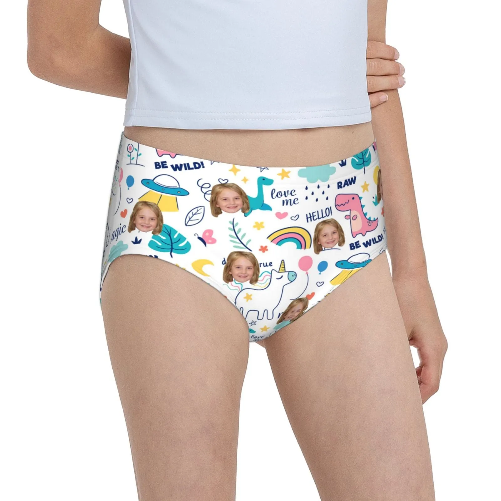 Custom Face Rainbow Dinosaur Girl's Underwear Cotton Brief Panties