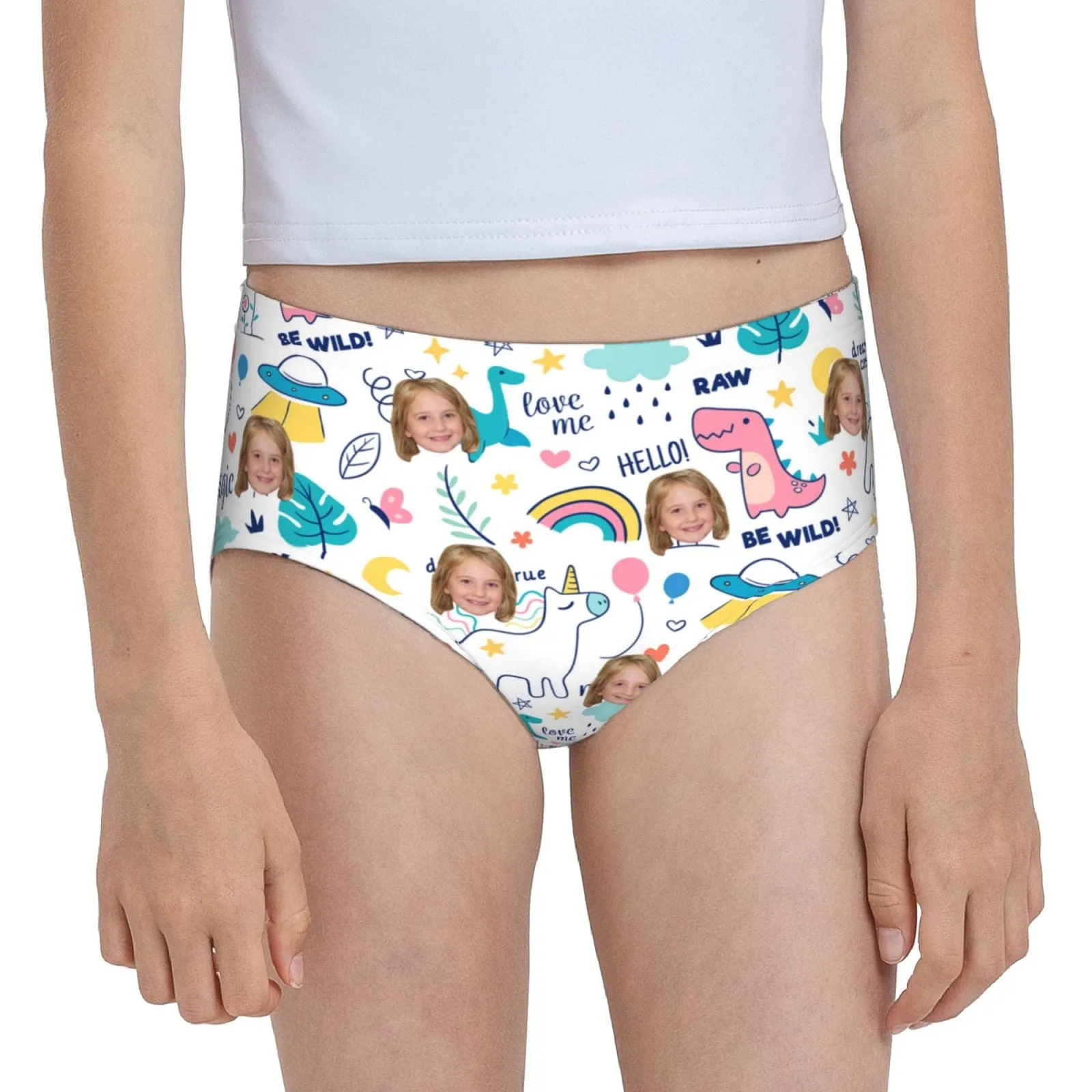 Custom Face Rainbow Dinosaur Girl's Underwear Cotton Brief Panties