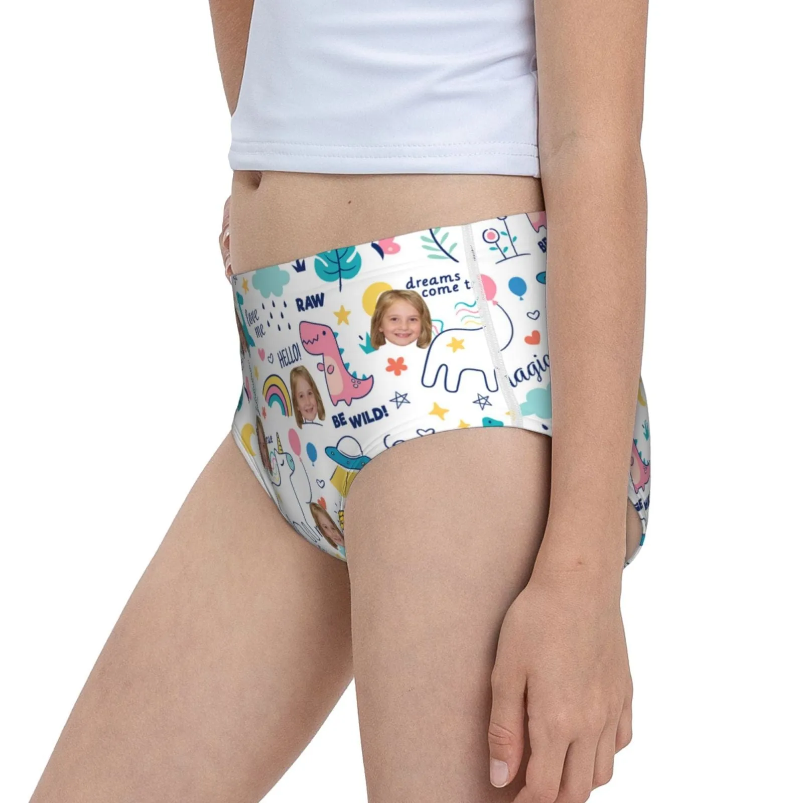 Custom Face Rainbow Dinosaur Girl's Underwear Cotton Brief Panties