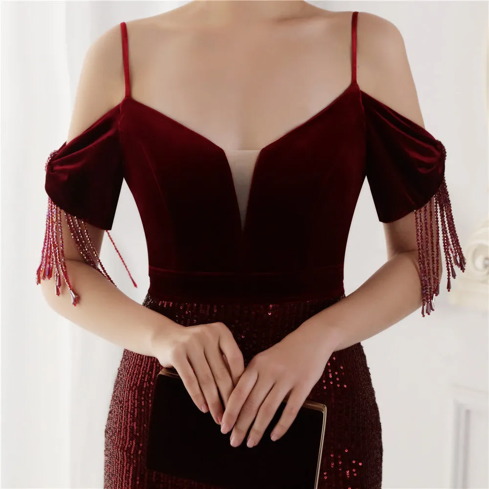 Elegant Velvet Short Sleeve Spaghetti Straps Evening Dress