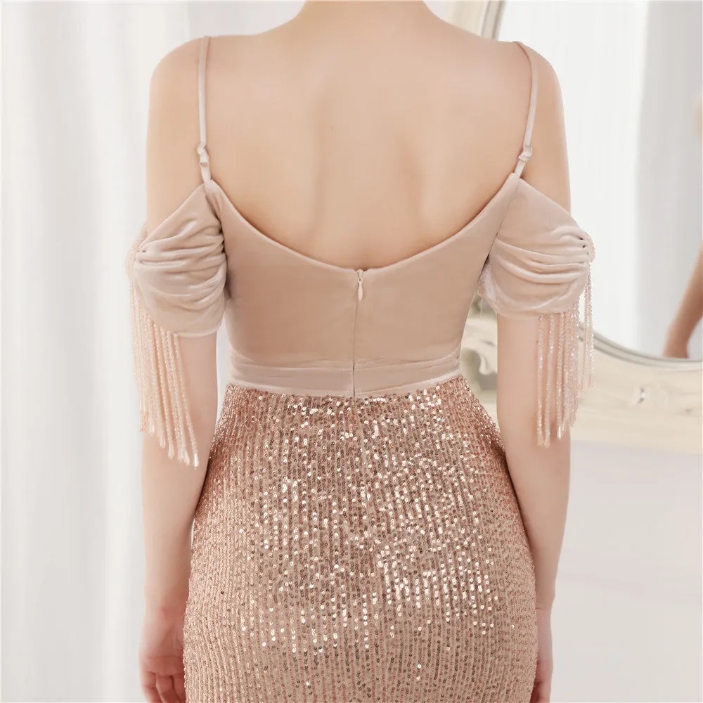 Elegant Velvet Short Sleeve Spaghetti Straps Evening Dress