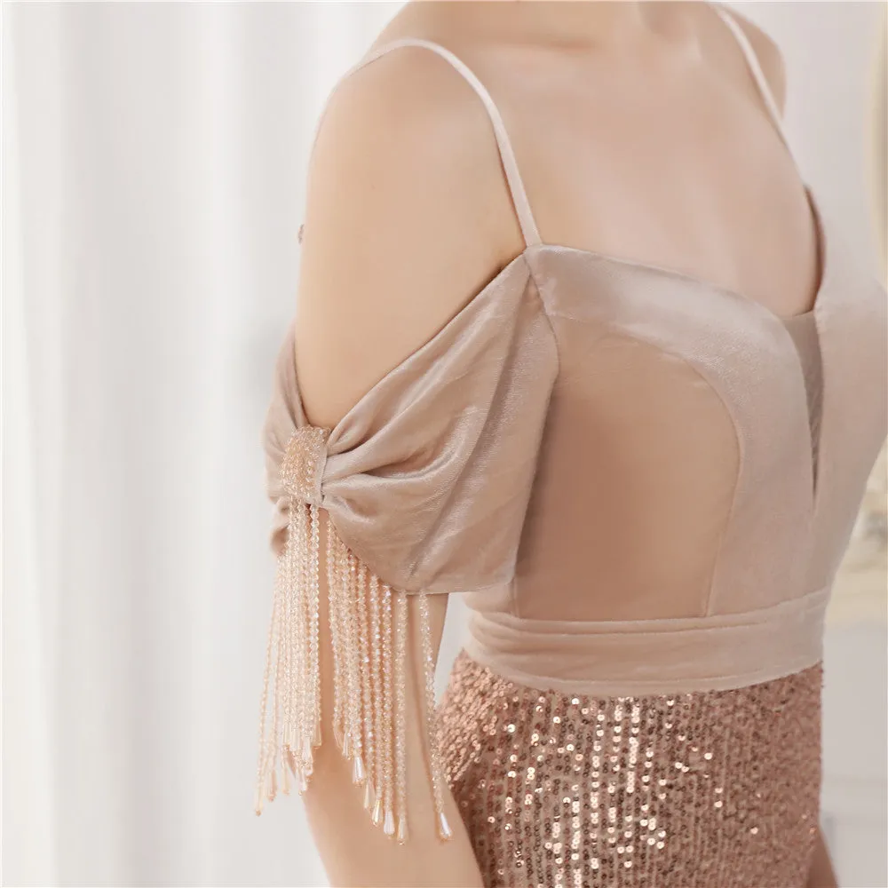 Elegant Velvet Short Sleeve Spaghetti Straps Evening Dress