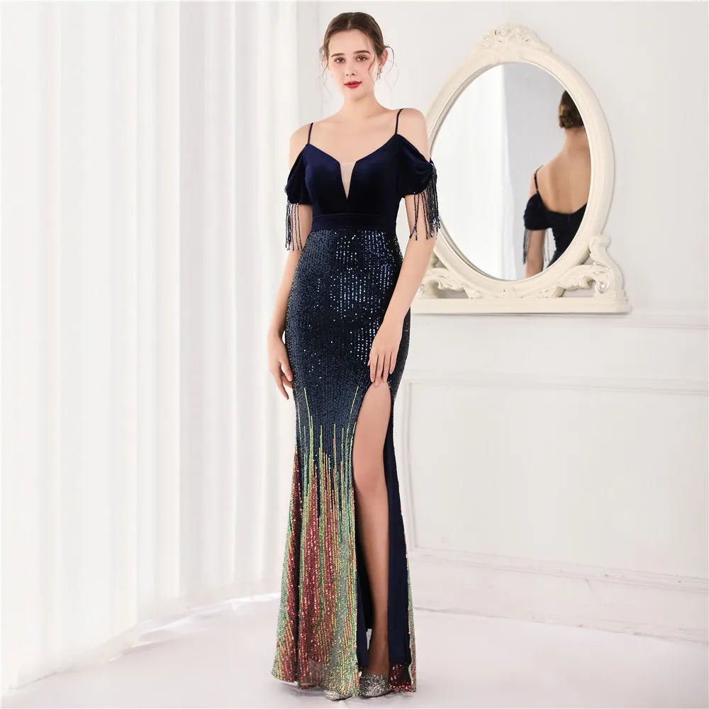 Elegant Velvet Short Sleeve Spaghetti Straps Evening Dress