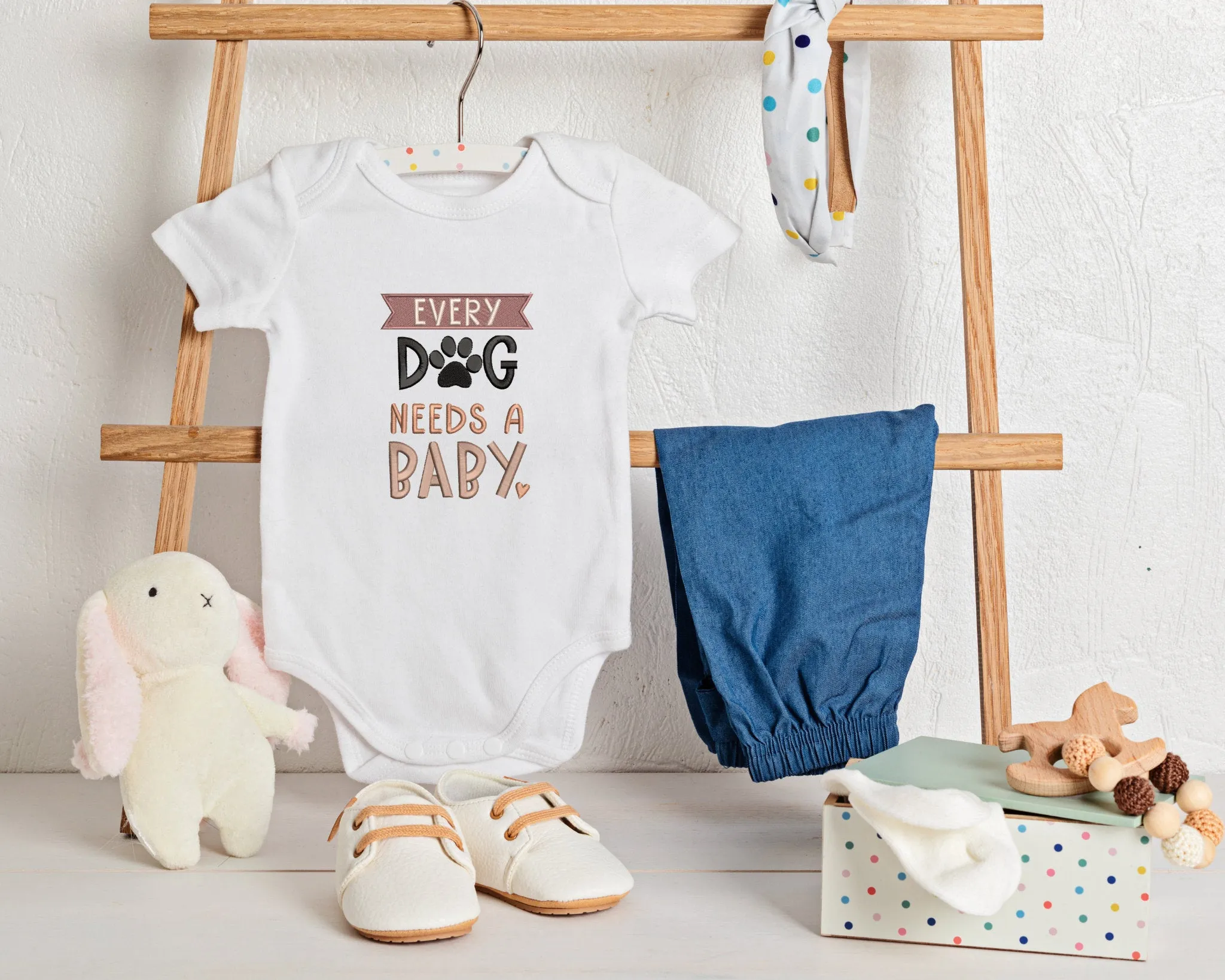 EMBROIDERED Every Dog Needs a Baby BodySuit, Baby Shower Gift, Pregnancy Announcement, Baby and Dog, Gift Newborn, New Baby Clothes