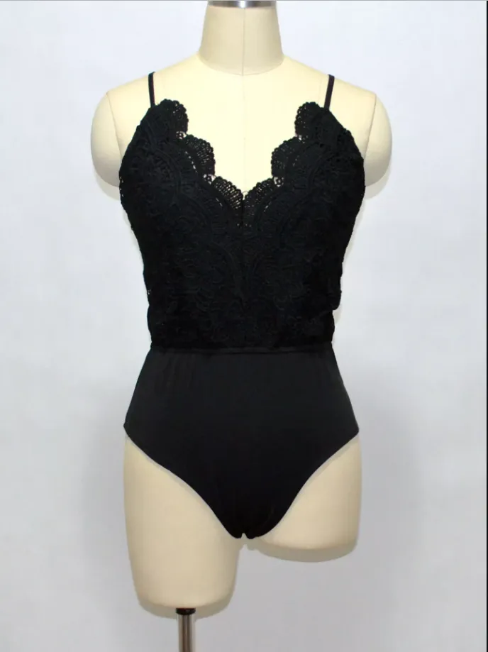 Fashion thong black lace bodysuit