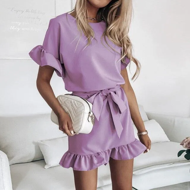 FashionSierra - Fashion Casual Solid Color Round Neck Fuffled Short Sleeve lace up Women Dress Casual Short Sleeve Women Dress Summer Dress