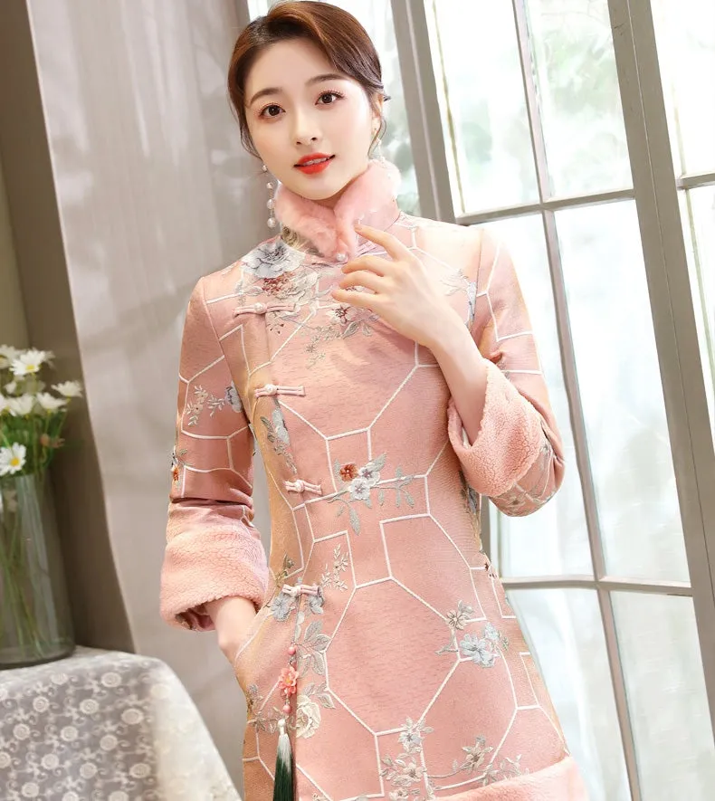 Floral Brocade Fur Edge A-line Cheongsam Wadded Chinese Dress