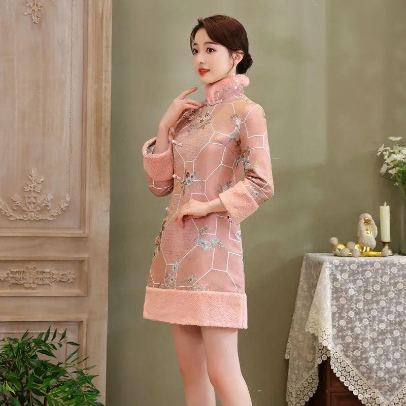 Floral Brocade Fur Edge A-line Cheongsam Wadded Chinese Dress