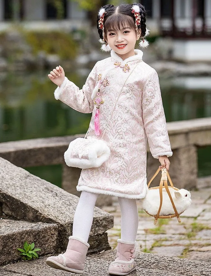 Floral Brocade Wadded Kid's Cheongsam Knee Length Chinese Dress