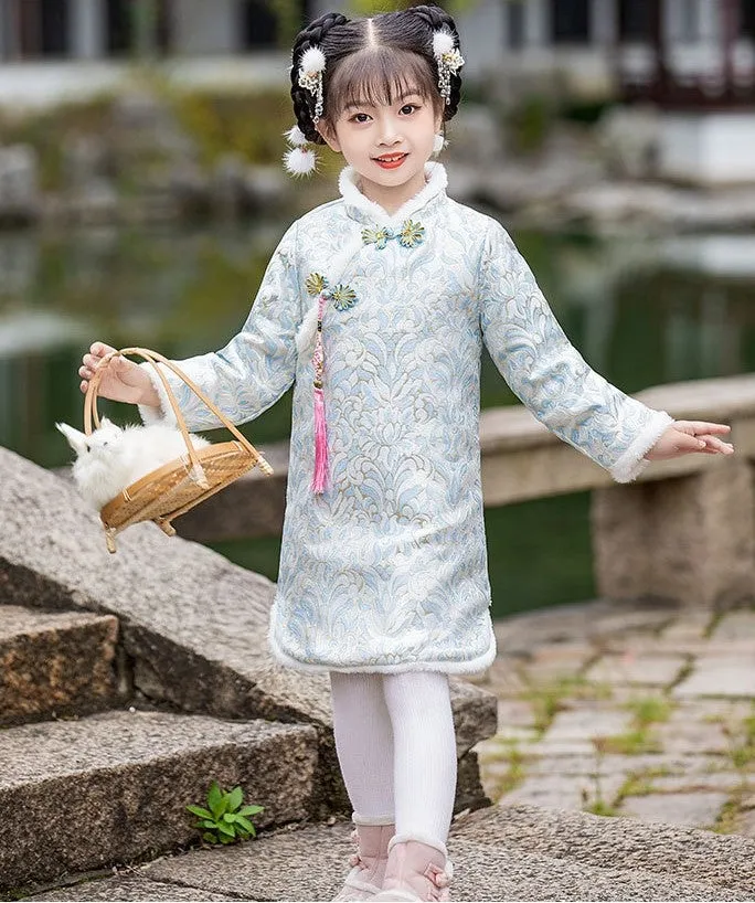 Floral Brocade Wadded Kid's Cheongsam Knee Length Chinese Dress