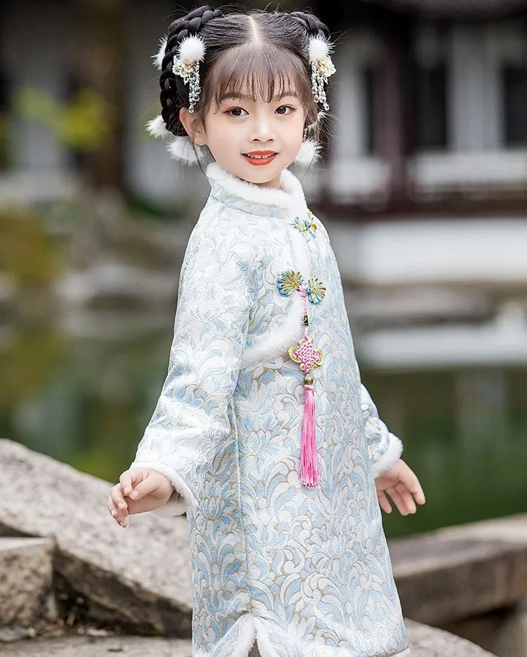 Floral Brocade Wadded Kid's Cheongsam Knee Length Chinese Dress